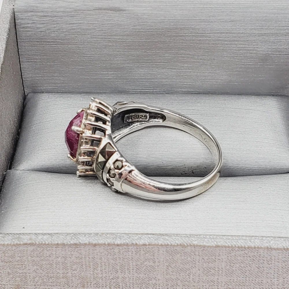 Genuine Checkerboard Cut Oval Ruby & Marcasite 925 Sterling Silver Halo …